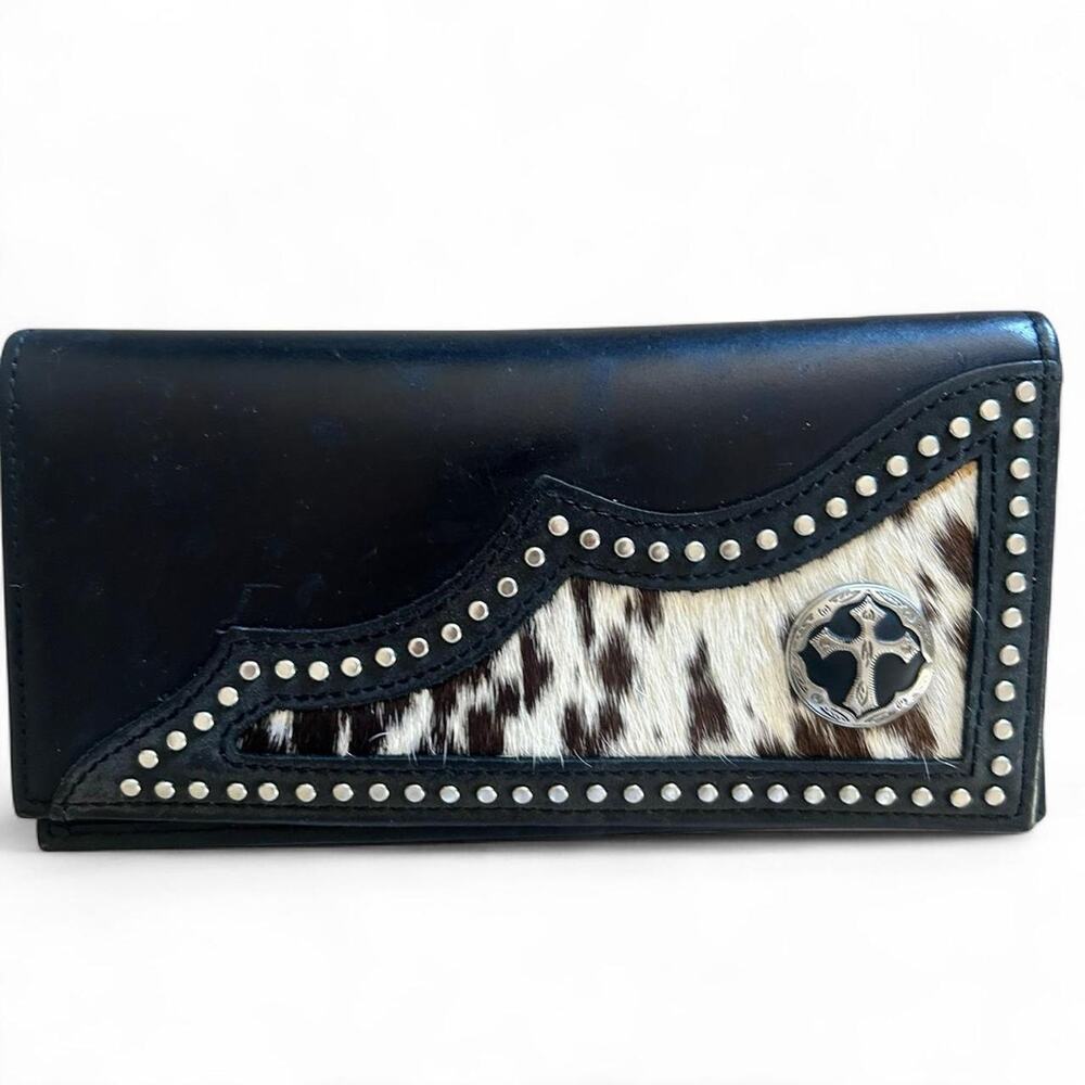 Black leather wallet with cowhide accent & cross emblem EUC Biker goth‎ Studded